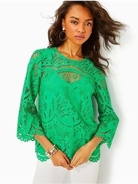 Lilly Pulitzer Oaklynn Tunic Top Womens 6 Brazilian Green Palms Paradise Lace
